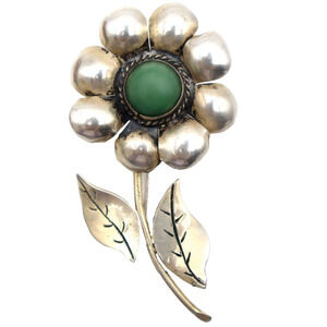 MCM Vintage Mexico Sterling Silver Green Turquoise Large Flowers Brooch Brooch